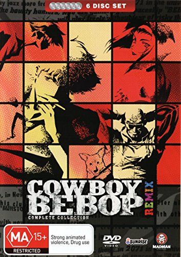 "Cowboy Bebop Remix DVD cover featuring a red and black anime character collage."
