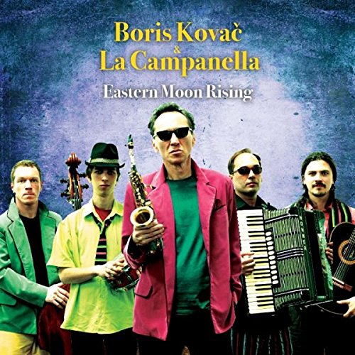 "CD cover with five men holding instruments, against a blue background."