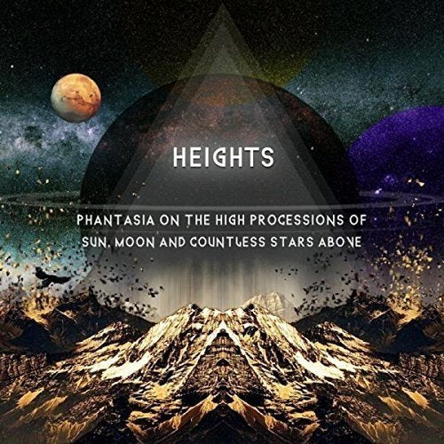 "CD cover art featuring a mountain range, planets, and a pyramid with white text."