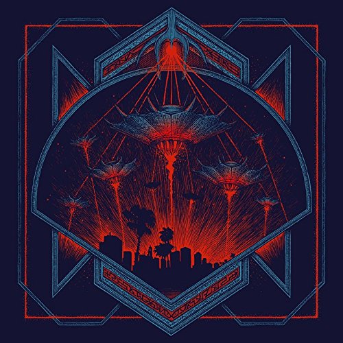 "Album cover art featuring a cityscape with UFOs and red glow on dark blue background."
