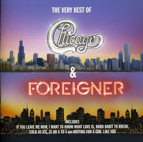 "CD cover with Chicago and Foreigner logos over a city skyline at sunset."