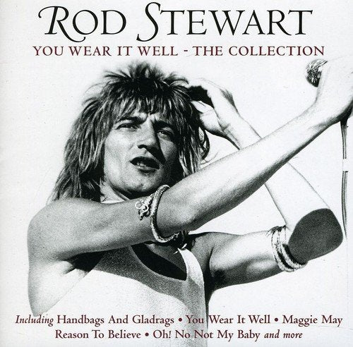 Black and white image of Rod Stewart on a CD cover.