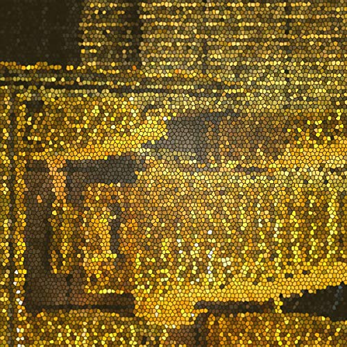 The image is a close-up of a gold, pixelated mosaic. Alt text: Gold mosaic artwork with pixelated, rectangular design.