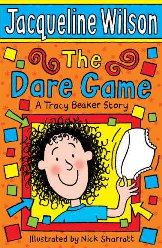"The Dare Game" book cover featuring a cartoon girl holding a megaphone, surrounded by colorful shapes.