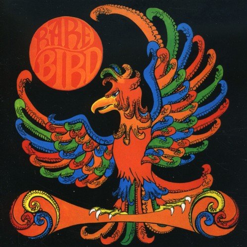 "Album cover featuring a colorful, stylized bird with outstretched wings on a black background."