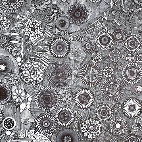 The image is a black and white abstract design featuring various circular patterns and shapes. For accessibility purposes, a suitable alt text could be: "Black and white abstract pattern with intricate circular designs."