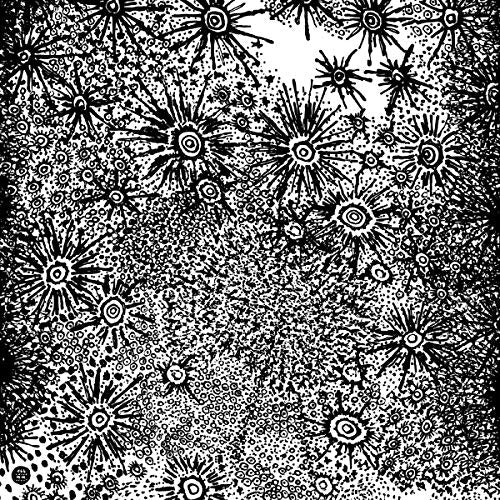 Black and white abstract pattern with stylized starburst shapes and circular designs on a white background.