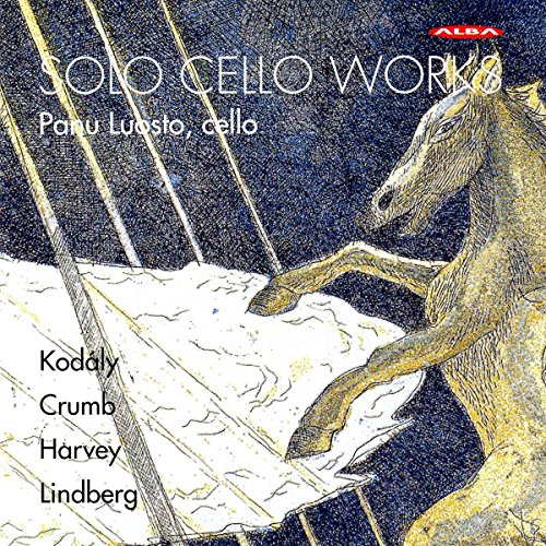 "CD cover with horse illustration and text 'SOLO CELLO WORKS' and composer names."