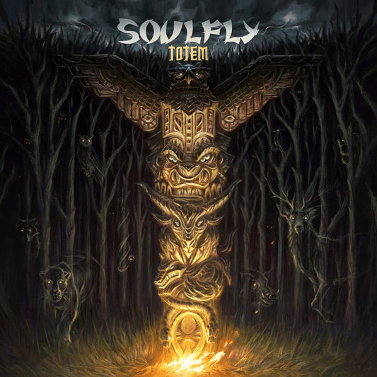 "Album cover art featuring a totem pole in a dark forest with glowing eyes."