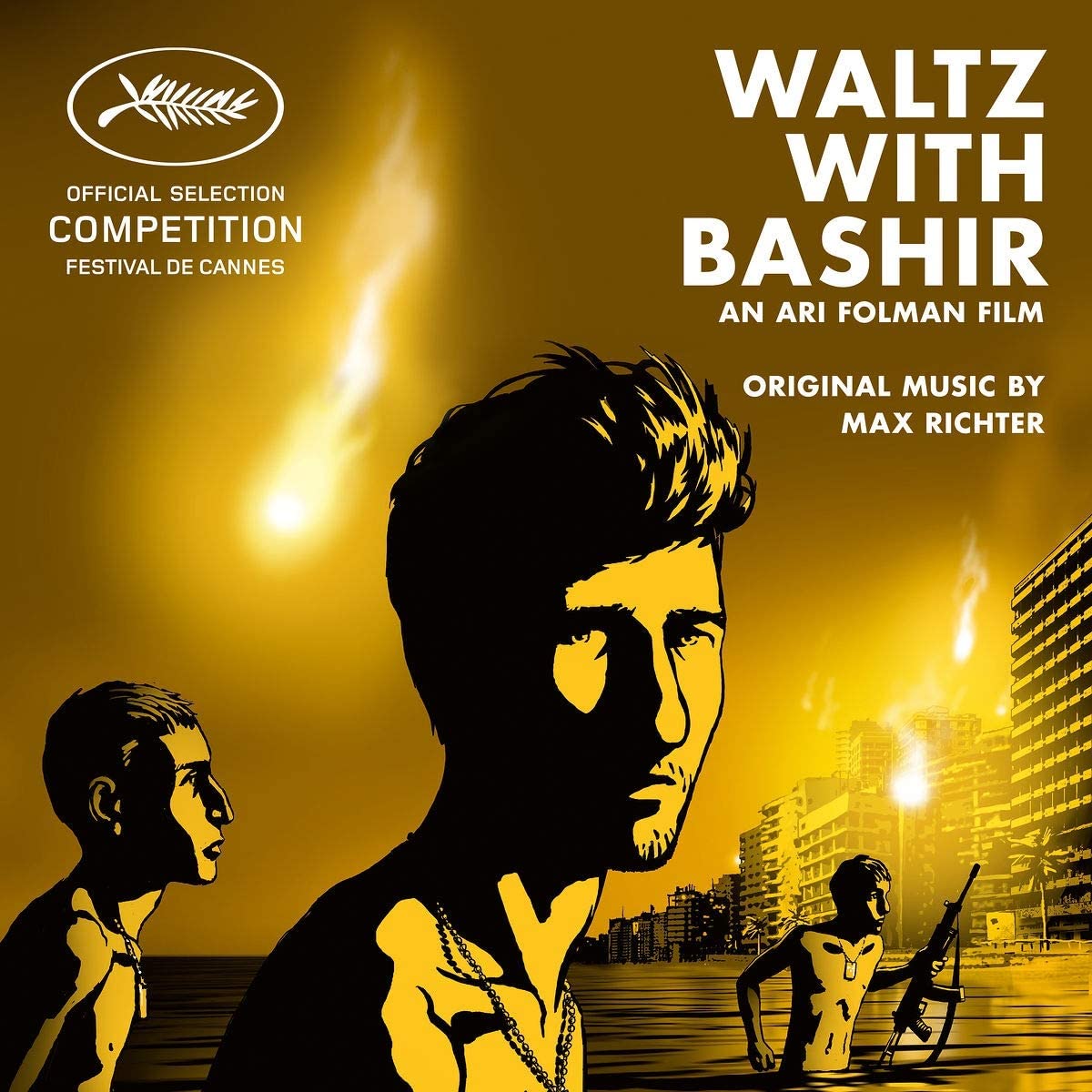 "Album cover for 'Waltz With Bashir' by Max Richter, featuring silhouetted men against a yellow background."