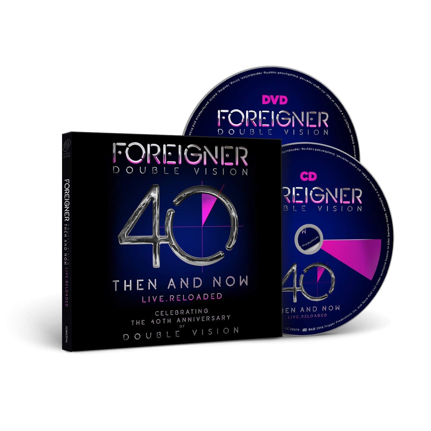 "CD cover for Foreigner's 'Double Vision: Then and Now' with silver '40' on dark blue background."