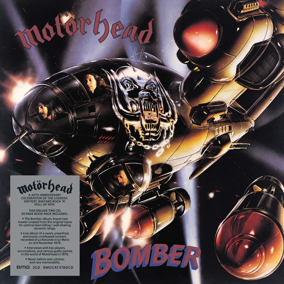 "CD case with 'Bomber' album cover, disc, and open booklet showing artwork and text."