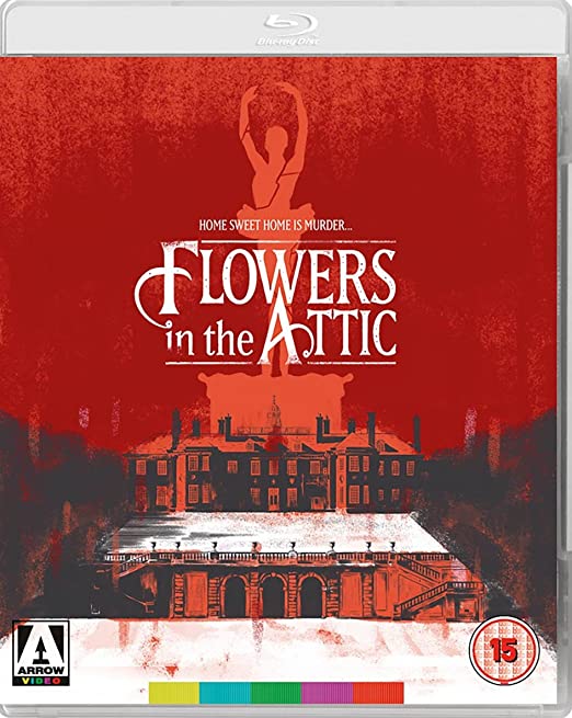 "Blu-ray case for 'Flowers in the Attic' with red cover and mansion illustration."