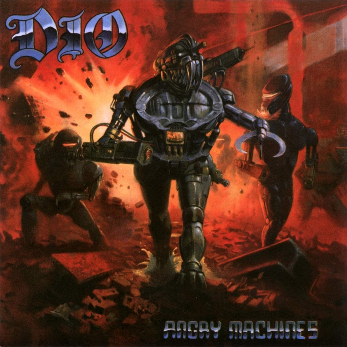 "Album cover art: robotic figures amidst destruction, with 'Dio' and 'Angry Machines' text."