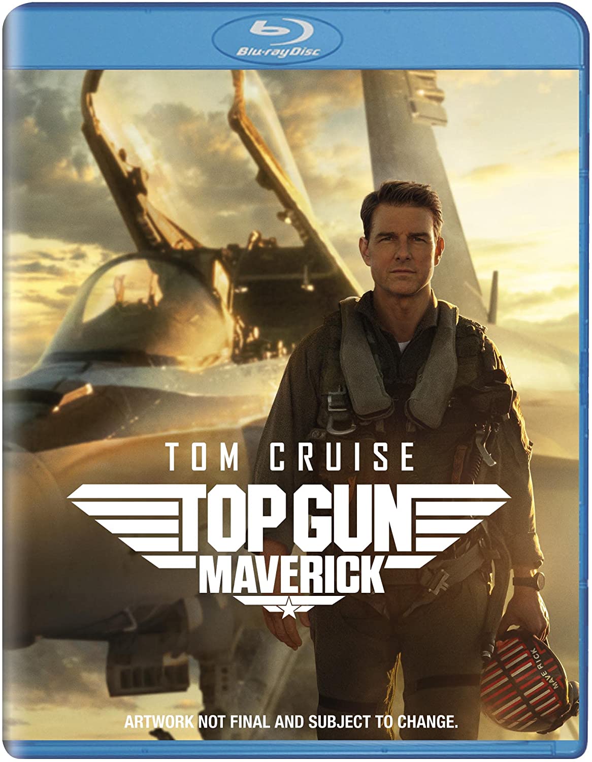 "Blu-ray case with Tom Cruise in a flight suit standing in front of jets."