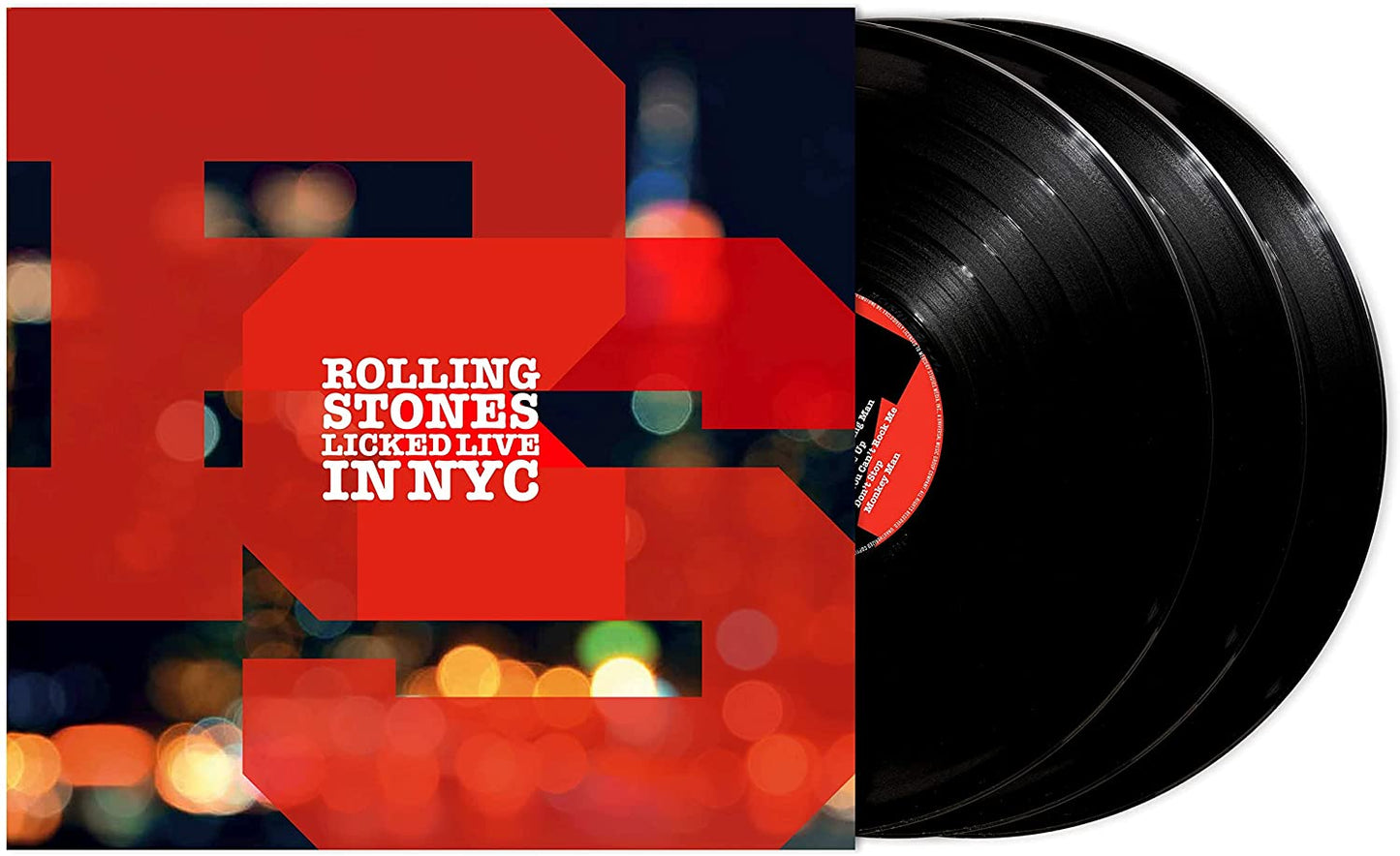"Red 'GSSS' logo with white text 'ROLLING STONES LICKED LIVE IN NYC' on bokeh background."