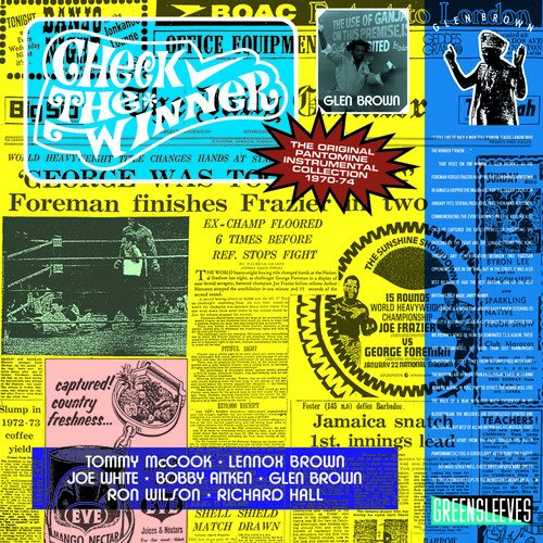 "Glen Brown's 'Check The Winner' vinyl album cover featuring a collage of newspaper clippings."
