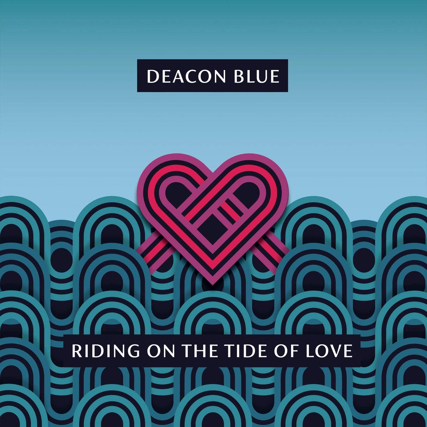 Album cover with pink heart graphic on blue background, titled "Riding on the Tide of Love".