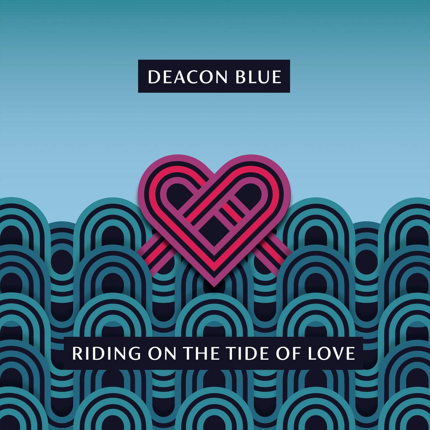 Album cover with pink heart graphic on blue background, titled "Riding on the Tide of Love".