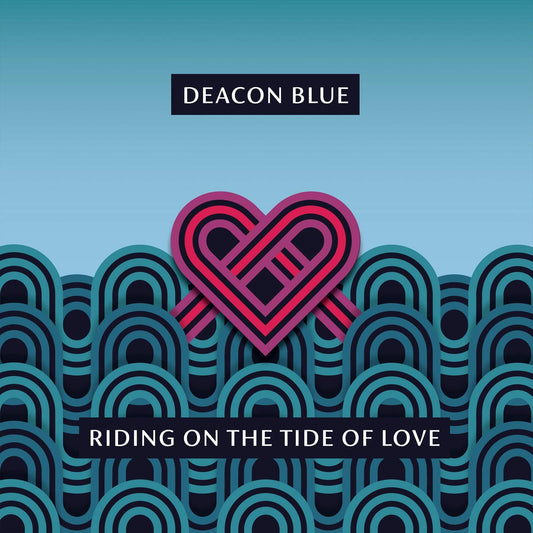 Album cover with pink heart graphic on blue background, titled "Riding on the Tide of Love".
