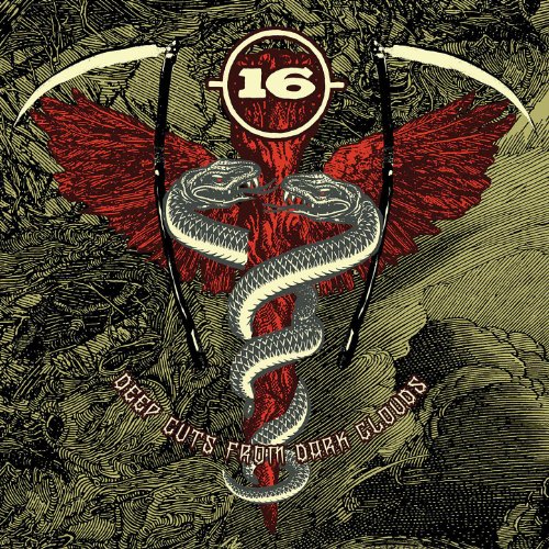 "Album cover art featuring a snake, wings, and scythes with dark, cloudy background."
