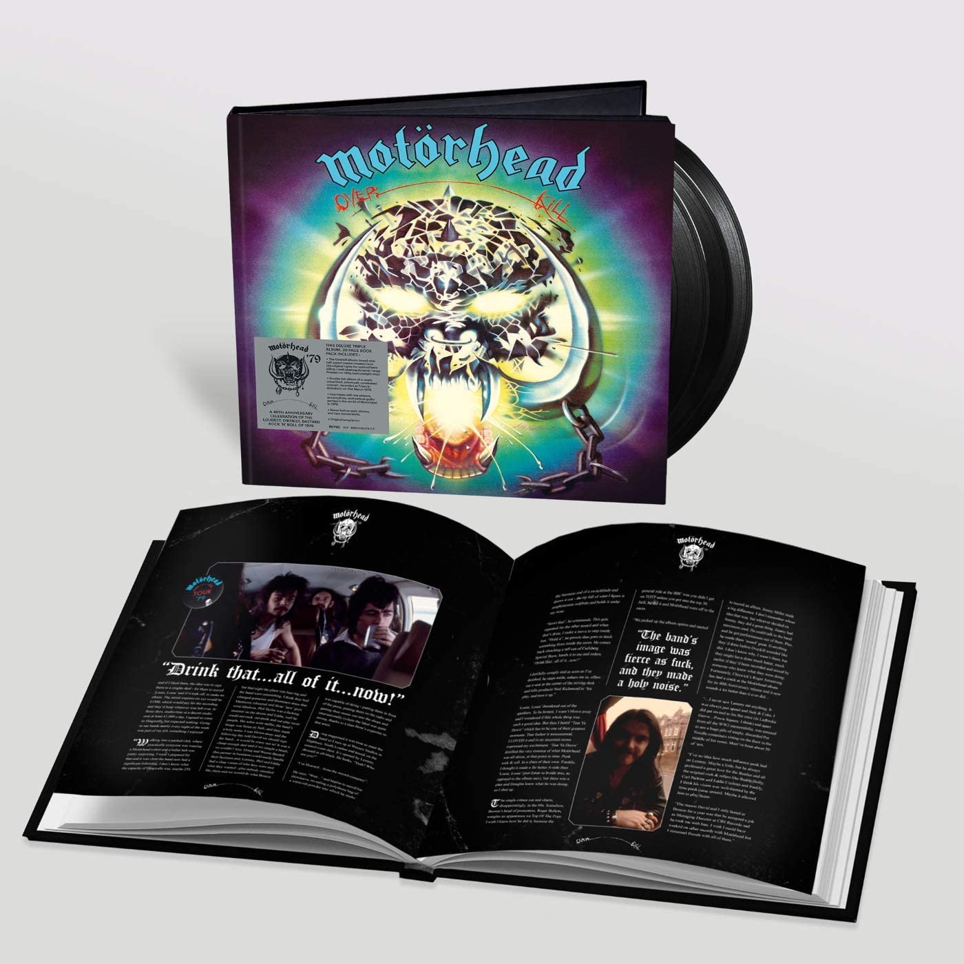"Vinyl record album 'Motörhead - Overkill' with booklet, showing cover art and inner pages."