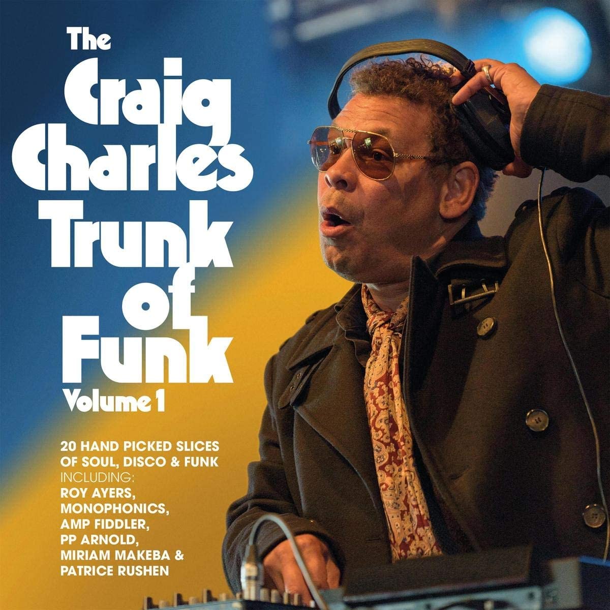 CD album cover featuring a man wearing headphones, with text on a blue and yellow background.