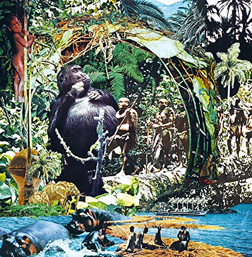 "Vinyl record cover featuring a jungle scene with gorillas and people in a river."