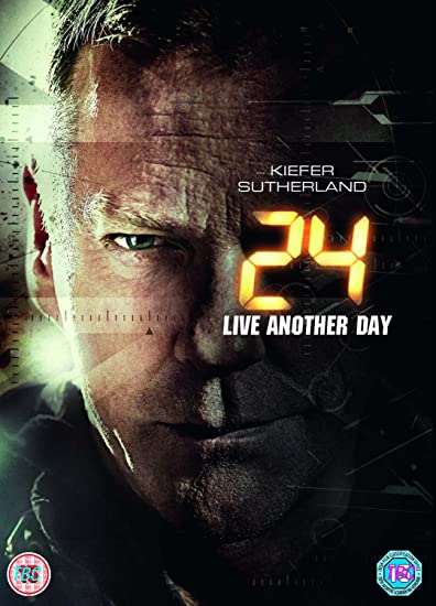 Kiefer Sutherland's face on a "24: Live Another Day" DVD cover with digital clock overlay.
