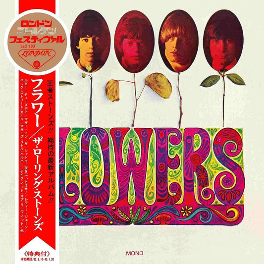 The Rolling Stones' "Flowers" album cover, featuring colorful, psychedelic design and band members' portraits.