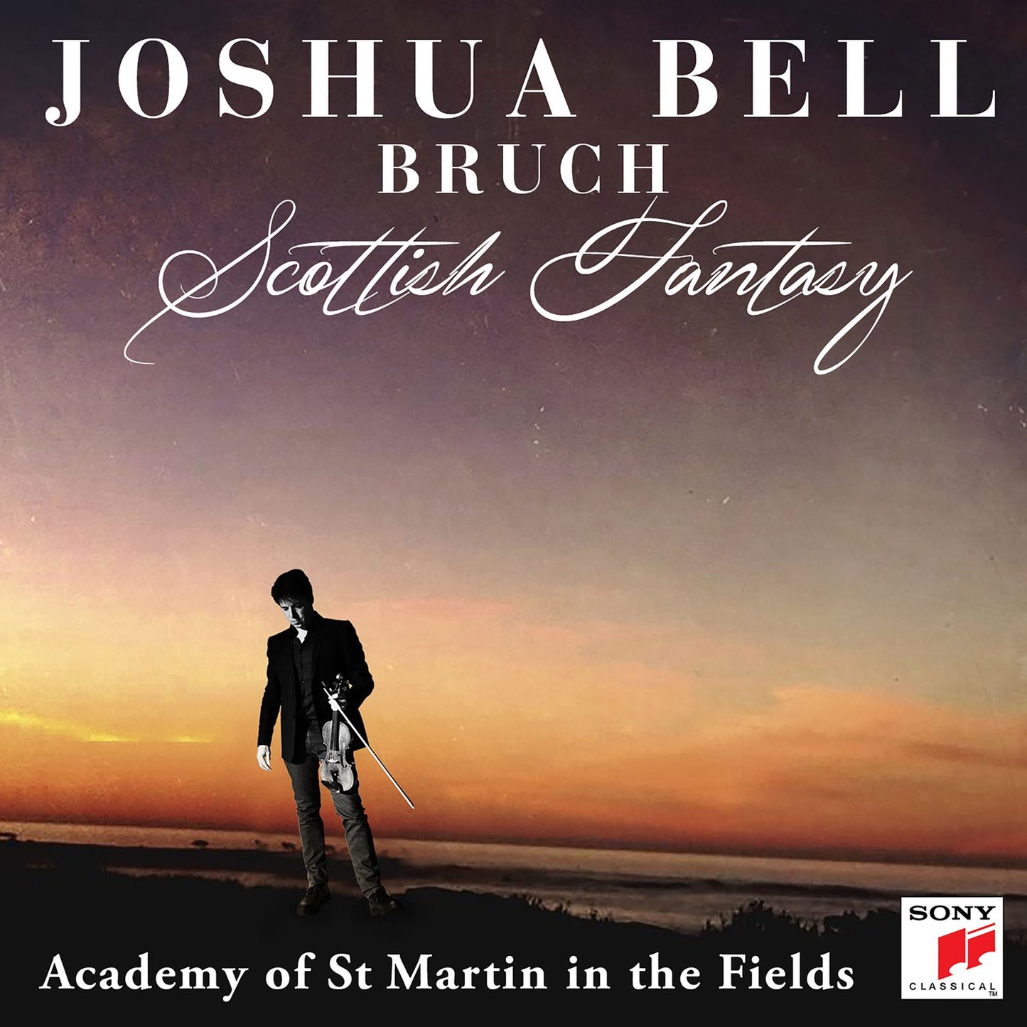 "CD cover featuring a man with a violin at dusk."