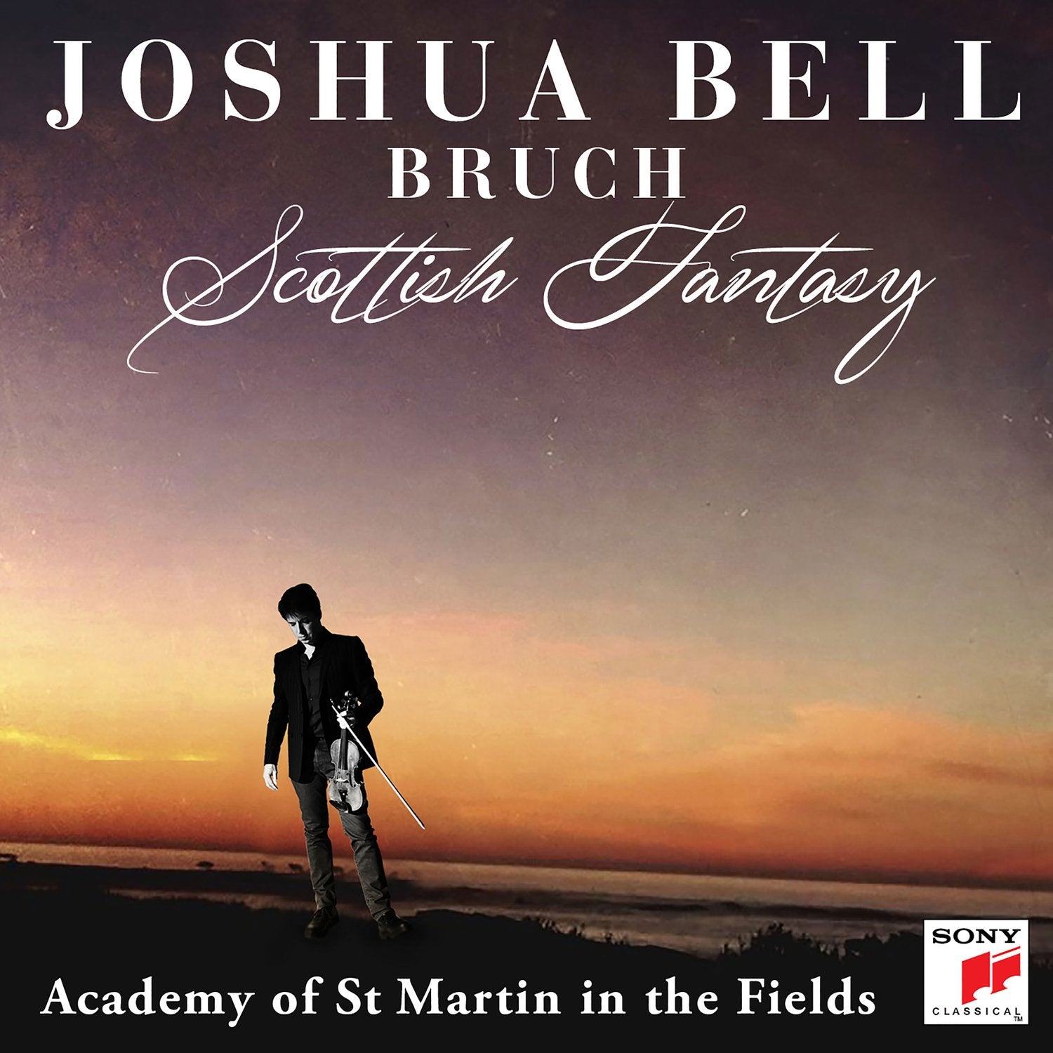 "CD cover featuring a man with a violin at dusk."