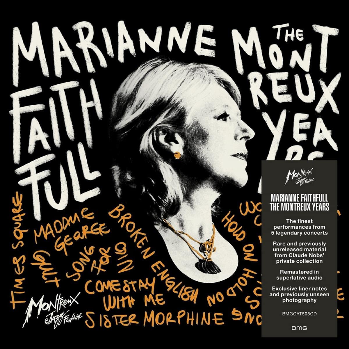 Black album cover with white and orange text, featuring a profile portrait of Marianne Faithfull.