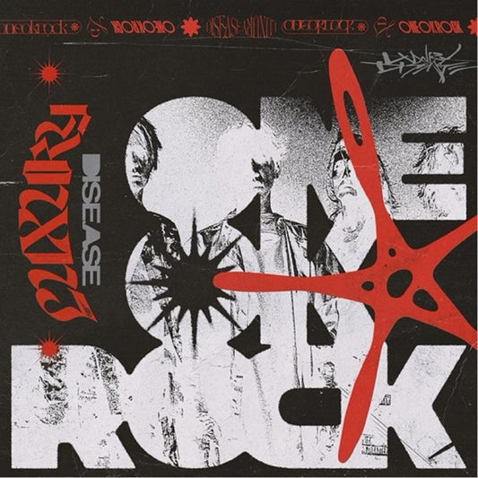 "ONE OK ROCK - Luxury Disease album cover with black, white, and red abstract design."