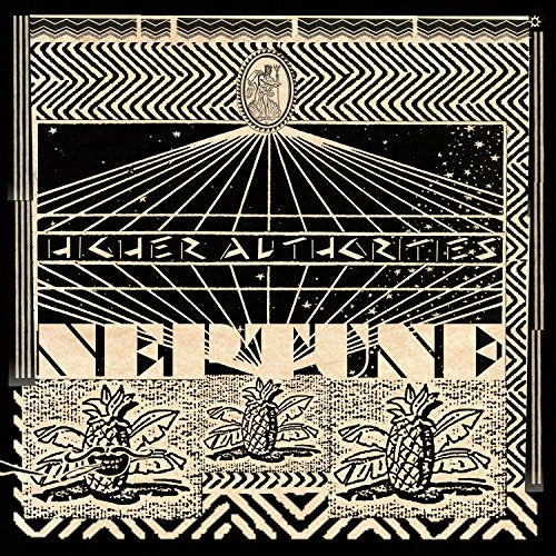 "Black and beige album cover with geometric patterns, pineapples, and stylized text."