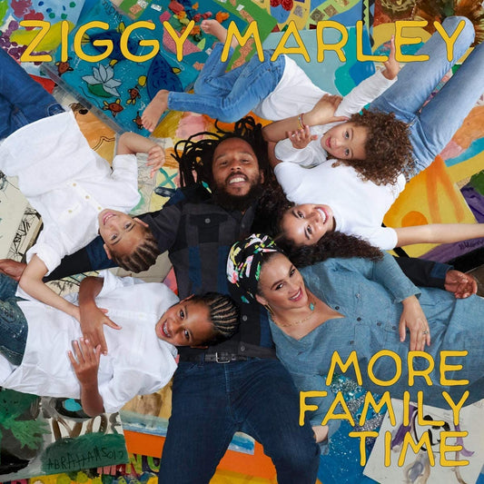 "CD cover featuring Ziggy Marley and family lying in a circle, smiling."