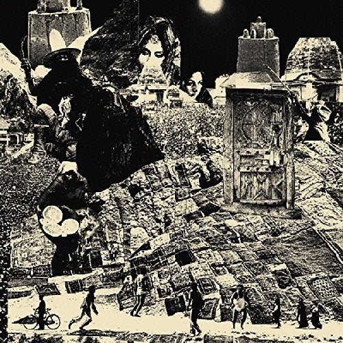 "Album cover with surreal, black-and-white collage of people and abstract structures."