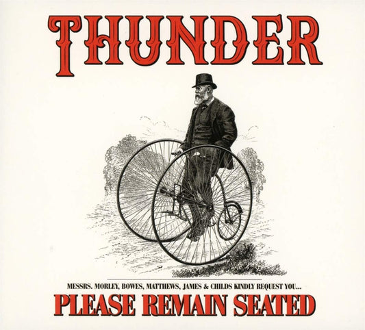 "Album cover with man on a penny-farthing bicycle, 'Thunder' and 'Please Remain Seated' text."