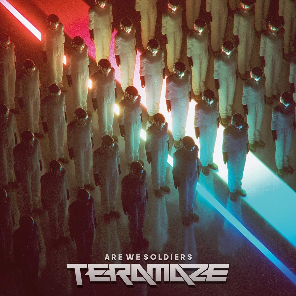 "Album cover featuring people in white suits and helmets under red and blue lights."