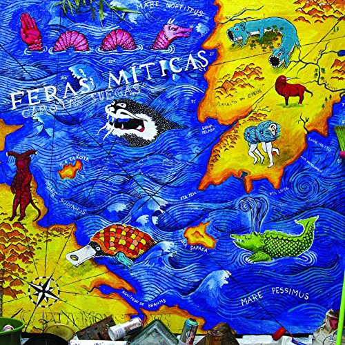 "Vibrant, fantastical map featuring mythical creatures and sea monsters on a blue and yellow background."