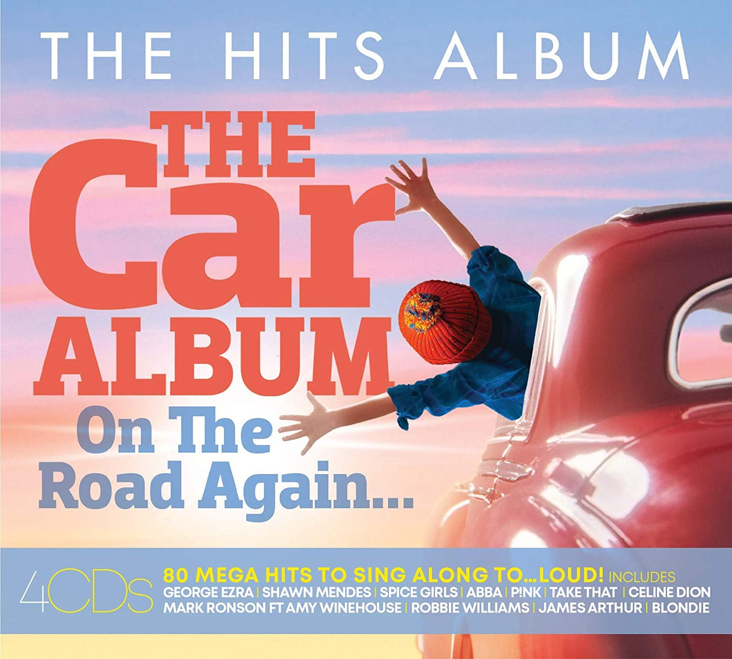 "Album cover with man hanging from a red car against a pink sky."