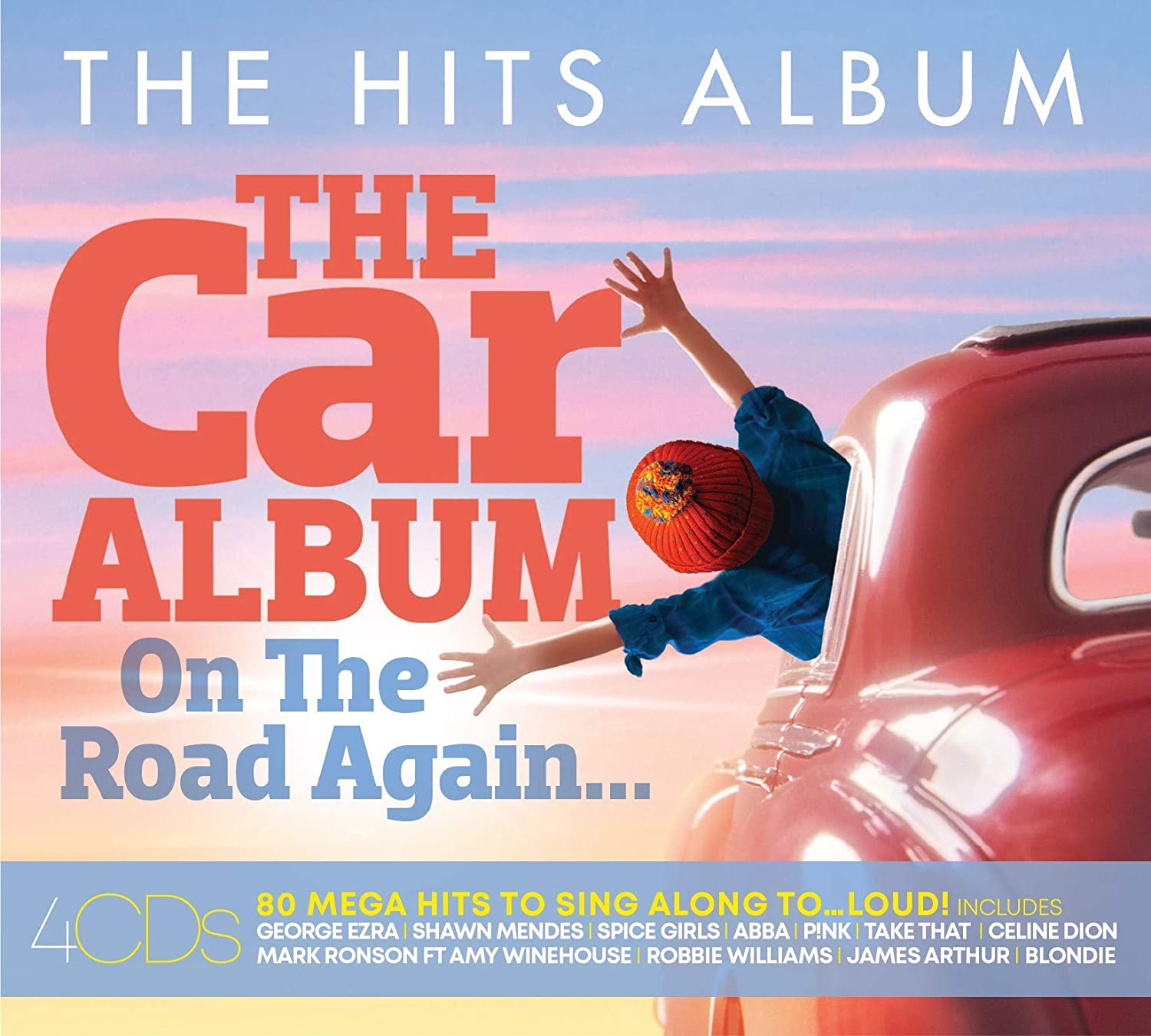 "Album cover with man hanging from a red car against a pink sky."