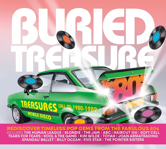 CD cover for “Buried Treasure: The 80s” featuring a green car and records.