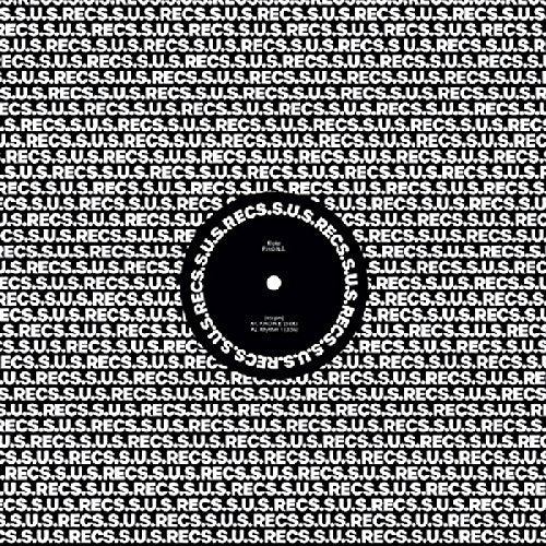 Black vinyl record with white text on a patterned background.
