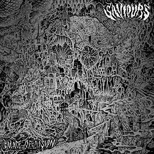 Black and white album cover with intricate, gothic cityscape and stylized band name and title.