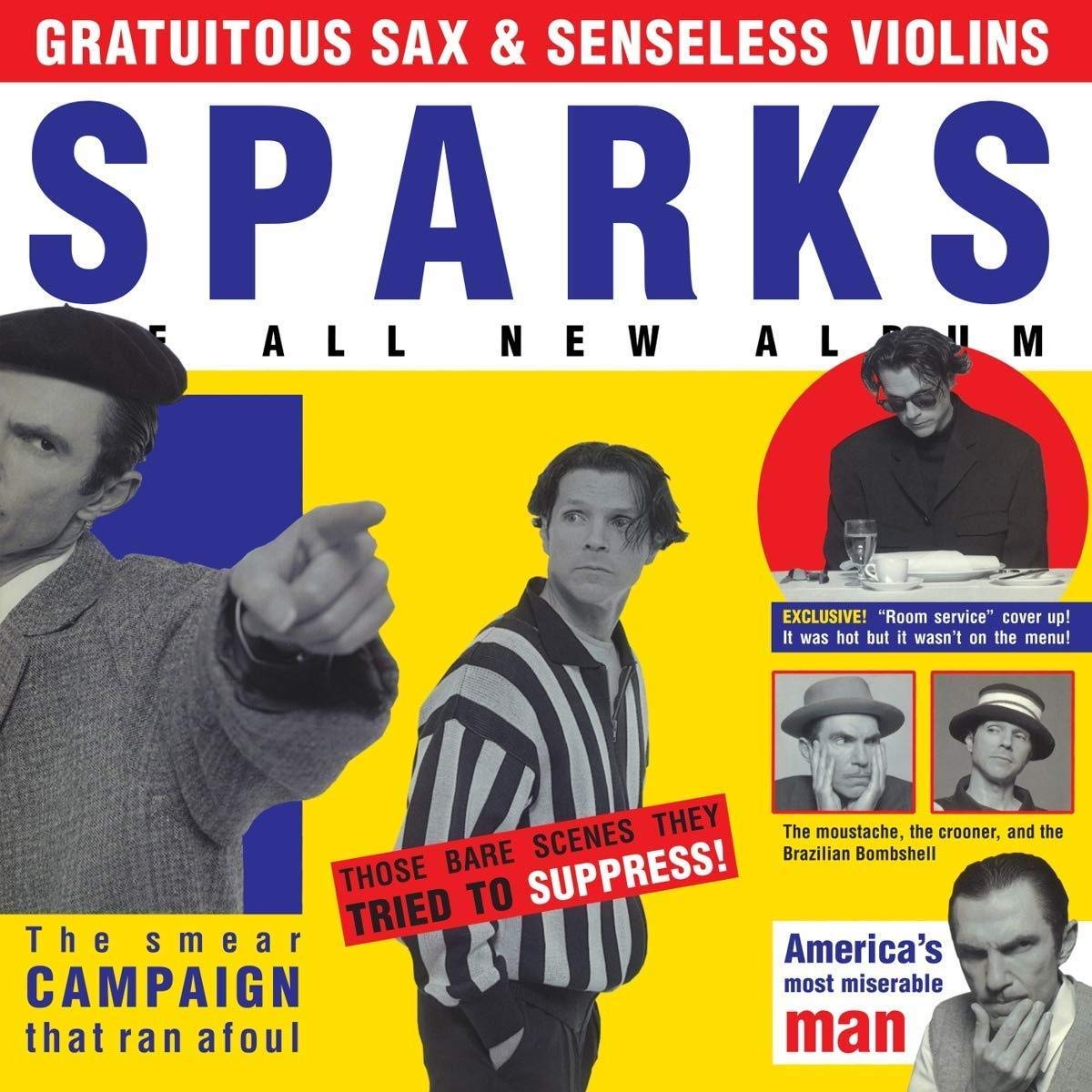 "Album cover with black and white images of men on a yellow background."