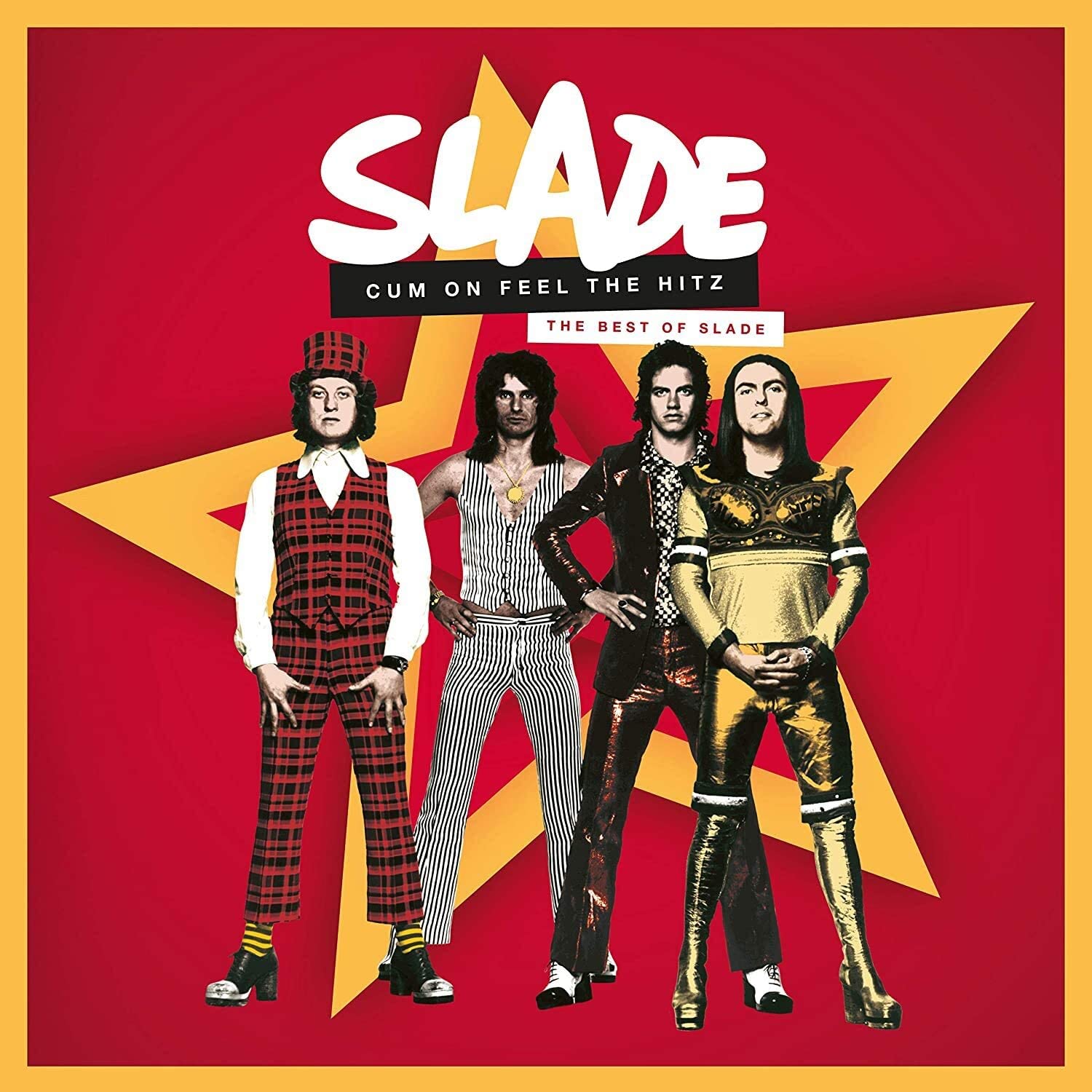 "Red album cover with four band members standing in front of a gold star."