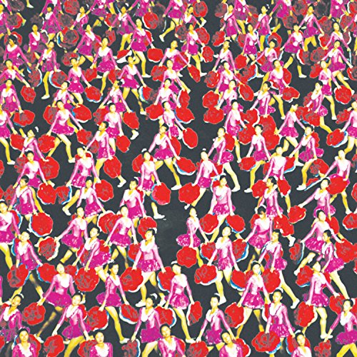 The image shows a pattern of women in pink dresses holding red umbrellas on a vinyl record. Alt text: Vinyl record cover with repeating pattern of women in pink dresses holding red umbrellas.