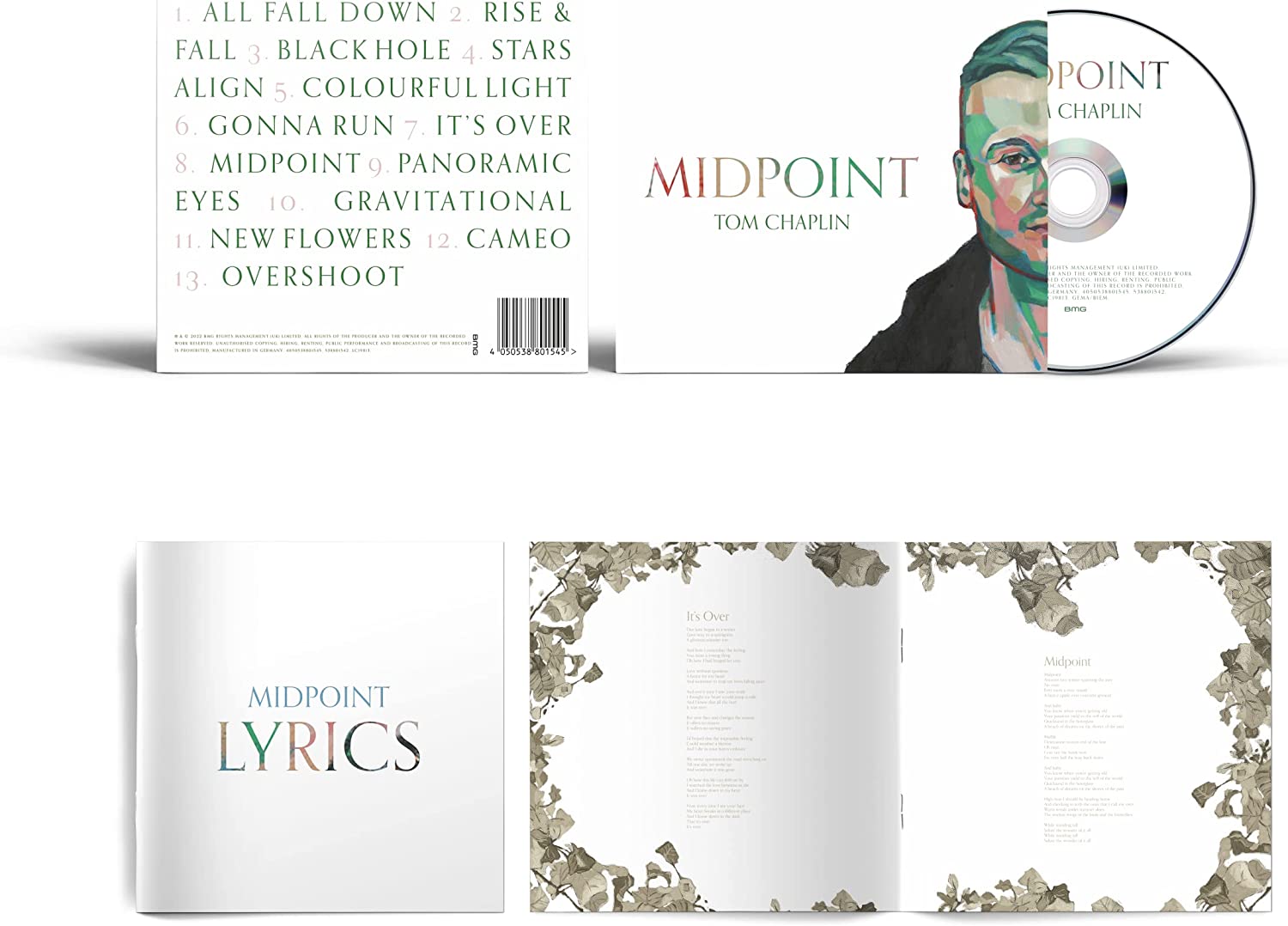 "Tom Chaplin's Midpoint CD packaging and disc, with lyrics booklet and white background."
