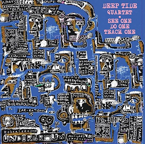 "Album cover with abstract graffiti art on blue background and pink text."